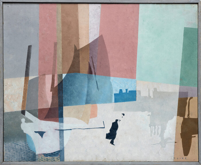 T. Lux Feininger (1910-2011) Quai des Hollandais III, 1981 Öl/Pappe 42,5 x 52,1 cm Grafisches Gemälde in verschiedenen Pastelltönen mit einer schwarzen Silhouette einer Person in der Mitte