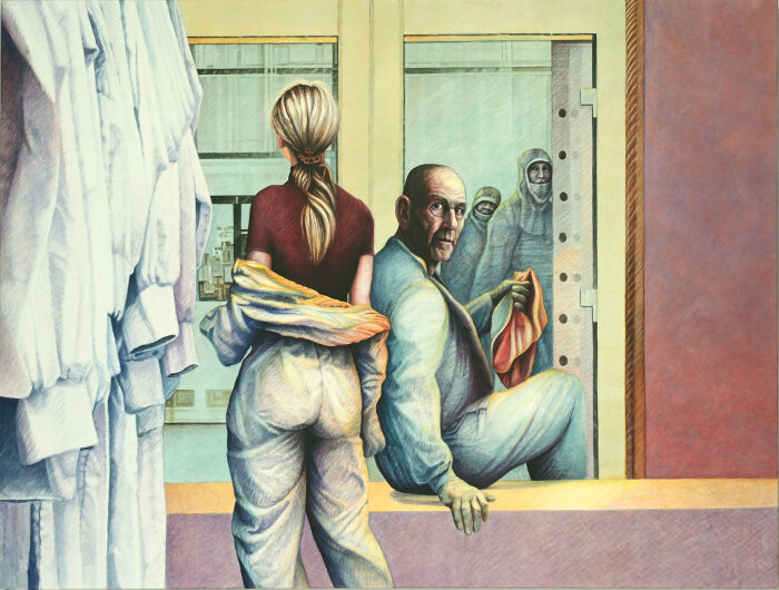 Klaus Armbruster, Häutung – Selbst, 2022, Acryl auf Digitaldruck auf Leinwand, 144 x 108 cm Malerei in warmen Farbtönen im Querformat - ein sitzender Mann blickt den Betrachter an