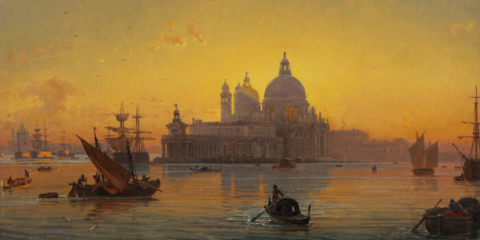 Foto: Abendstimmung in Venedig mit Santa Maria della Salute (1840er-Jahre) © Angermuseum Erfurt/Inv.Nr. 3377 mehrere Bot auf dem Wasser, im Hintergrund eine venezianische Kirche im Sonnenuntergang