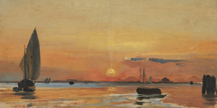 Gemälde von Booten im Sonnenuntergang