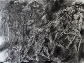 Foto: Schwarze Zeichnung 02, 2021, Kohle auf Leinwand, 120 x 160 cm © Thomas Duttenhoefer Schwarz Weiß Zeichnung einer Szenerie mit Personen und Tieren
