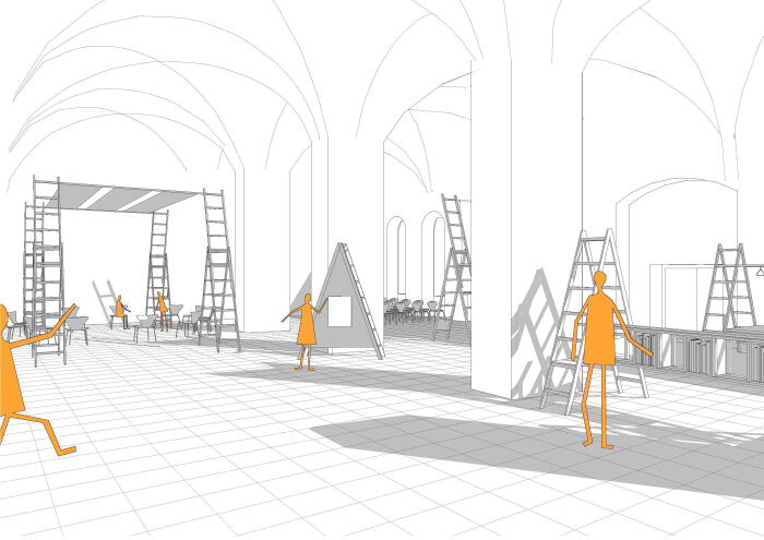 Makeshift: Entwürfe Studierender der Architekturfakultät der Fachhochschule Erfurt zu Rauminstallationen für gelingende Dialogkulturen grau-weiße Skizze eines Raumes mit Gewölbe, Leitern und orangefarbenen Menschen