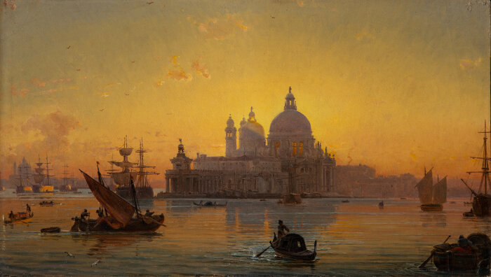 Gemälde riedrich Nerly, Abendstimmung in Venedig mit Santa Maria della Salute, Öl auf Papier auf Faserplatte, 27,5 x 48 cm Gemalte Silhouette einer Stadt im Sonnenuntergang, im Vordergrund Boote auf einem Gewässer