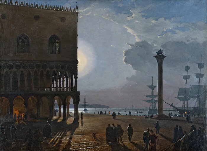 Gemälde Friedrich Nerly, Die Piazzetta in Venedig bei Mondschein, um 1838, Öl auf Leinwand, 75 x 102 cm Gemaltes altes Gebäude mit Mond und blauem Himmel im Hintergrund, im Vordergrund Menschen auf einem Platz