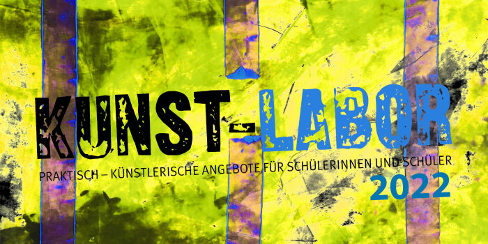Blau-gelber Hintergrund mit Schriftzug Kunst-Labor im Vordergrund