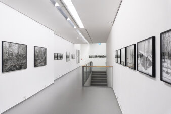 Ein heller Raum mit schwarz weißen Fotografien an der Wand. In der Mitte eine Treppe.