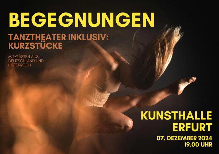 Eine Tänzerin vor dunklem Hintergrund darüber Schrift in Gelb und Orange