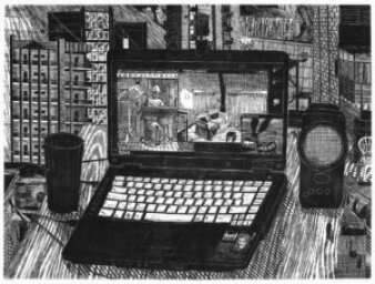 Kunstmotiv in Schwarz-Weiß, dass einen Computer mit typischer Schreibtischumgebung zeigt