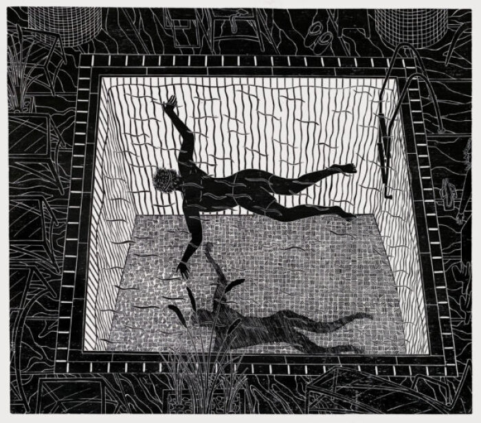 Pool 2022 Holzschnitt 80 x 70 cm Schwarz Weiß Motiv mit zwei Menschen in einem Pool umrandet von Natur