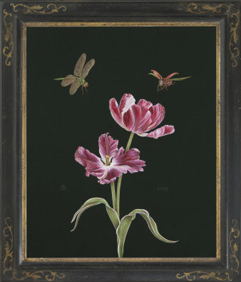 Gemälde von Insekten, die um eine Blume fliegen
