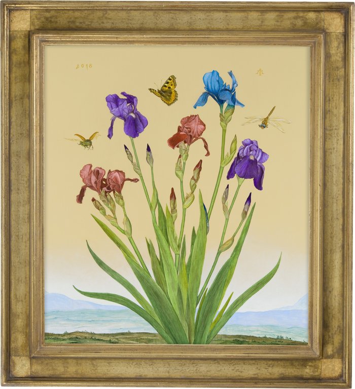 Albrecht Tübke: Großes Blumenbild, 2018 Gemälde mit bunten Blumen und Schmetterlingen
