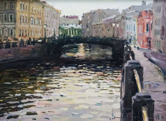 Ivan Vityuk: Gribojedov-Kanal St. Petersburg, 2016, Öl auf Karton Gemälde einer Wasserstraße