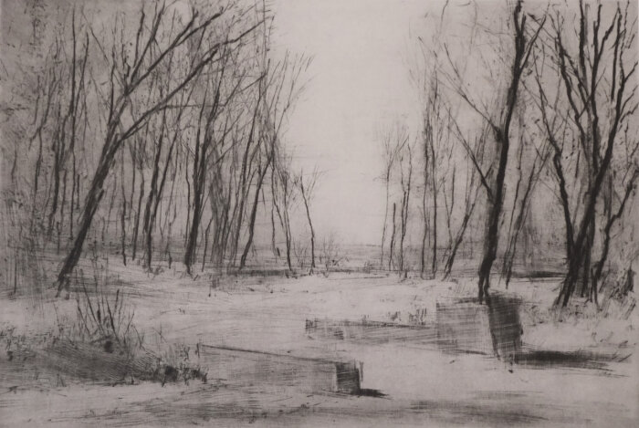 Schloss Molsdorf, 24,8 x 36,7 cm (Plattenmaß), 2020 Grafik in Schwarz-Weiß mit Bäumen