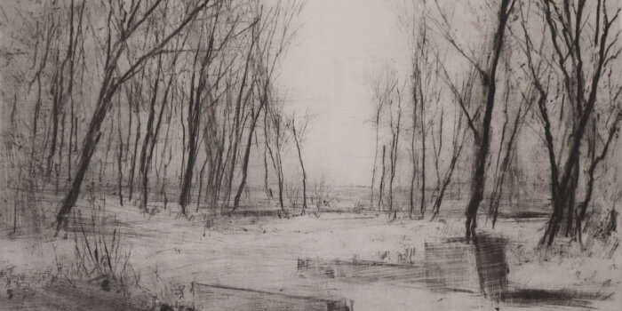 Foto: Kaltnadelradierung Schloss Molsdorf, 24,8 x 36,7 cm (Plattenmaß), 2020 © Claudia Berg Kaltnadelradierung in Schwarz-Weiß mit Bäumen