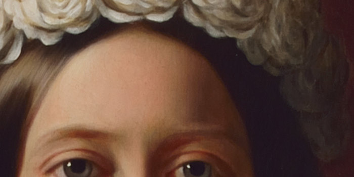 Gemaltes Teil-Portrait einer Dame mit Blumen im Haar