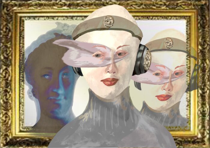 GalerieCollage, 2025, iPad painting Digitales Gemälde von drei Personen hintereinander gelagert und mit goldenem Rahmen