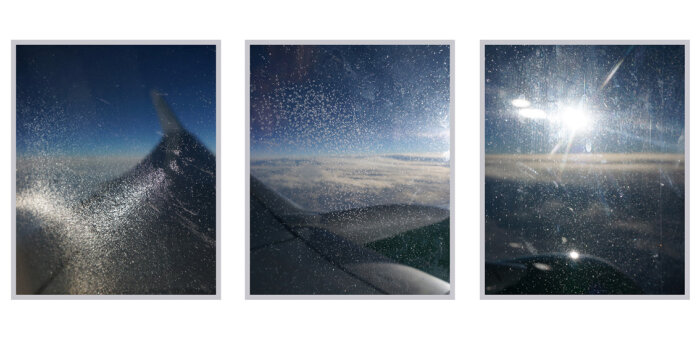 Foto: Gudrun Wiesmann, "Transfer", 2015 © Gudrun Wiesmann Dreiteilige Fotocollage mit blauem Himmel und Sonne