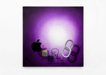 Foto eines Gemäldes mit lila Hintergrund, Apple Logo und einem Strichmännchen