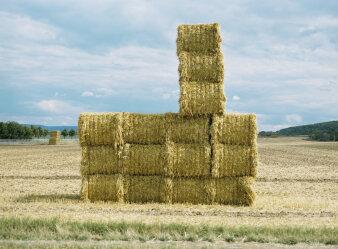 Aufgestapelte Heuballen auf einem Feld