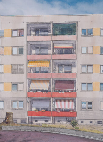 Gemälde eines mehrstöckigen Wohnhauses mit Straße im Vordergrund