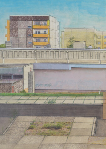 Gemälde mit Wohnhäusern und mehreren Straßen im Vordergrund