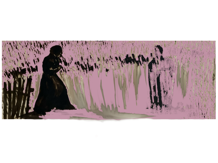 Am Zaun, 2019/2023, Tusche auf Papier, digital bearbeitet Eine Zeichnung in rosa, schwarz und beigetönen mit zwei Personen die sich gegenüber stehen