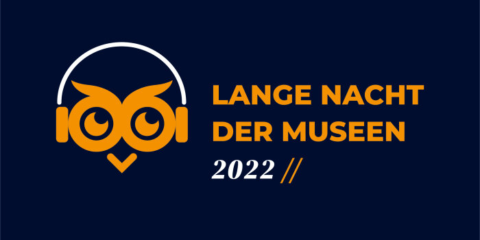 Grafik: Logo Lange Nacht der Museen 2022 © Stadtverwaltung Erfurt eine stilisierte Eule mit Kopfhörern und der Schrift: Lange Nacht der Museen 2022