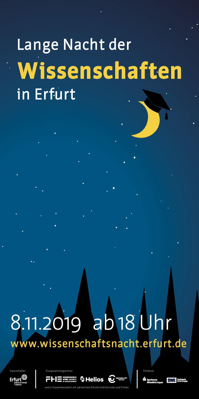 Programm: Lange Nacht der Wissenschaften 2019 Titeltext auf Sternenhimmel mit Domsilhouette