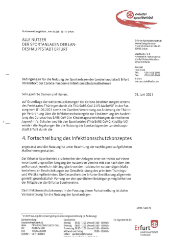 Hygieneplan ESB Die Datei beinhaltet das Infektionsschutzkonzept des Erfurter Sportbetriebes.