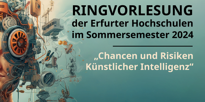 Titelbild für Ringvorlesung. Links im Bild ist ein futuristisches Bild von einem Menschenkopf vereint mit Technik