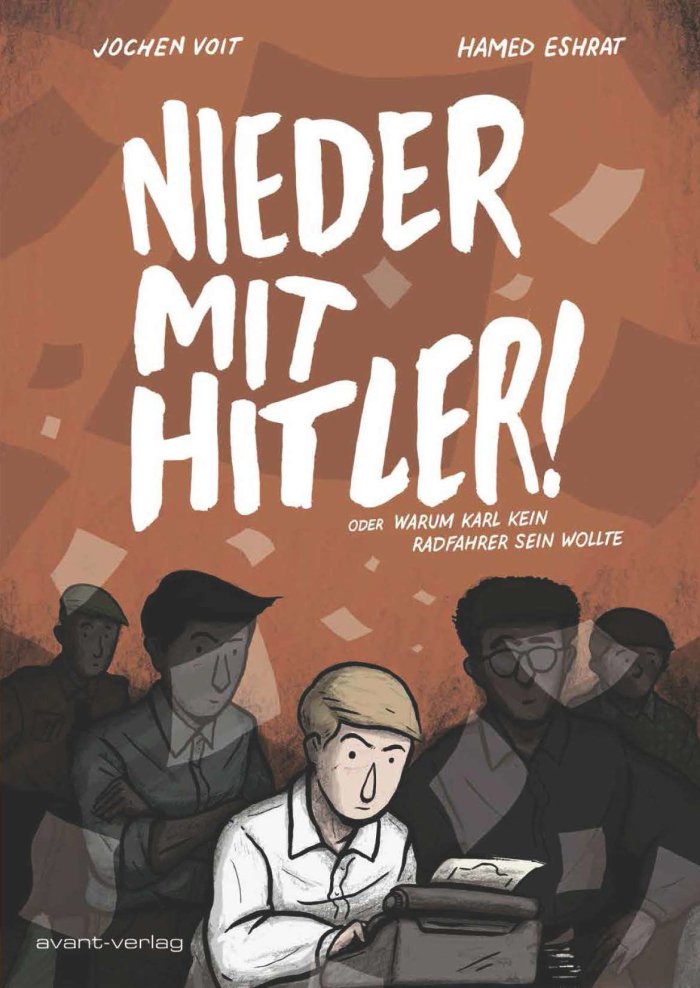 Titel der Graphic Novel "Nieder mit Hitler! Oder warum Karl kein Radfahrer sein wollte! Titelbild mir einer Comic-Zeichnung von einem Jungen