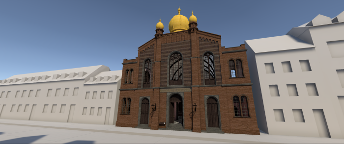 Vorderansicht der virtuell rekonstruierten Großen Synagoge in einem 3D-Webmodell