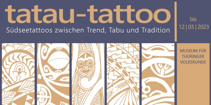 Flyer in blau, weiß, orange mit verschiedenen Tattoomotiven 