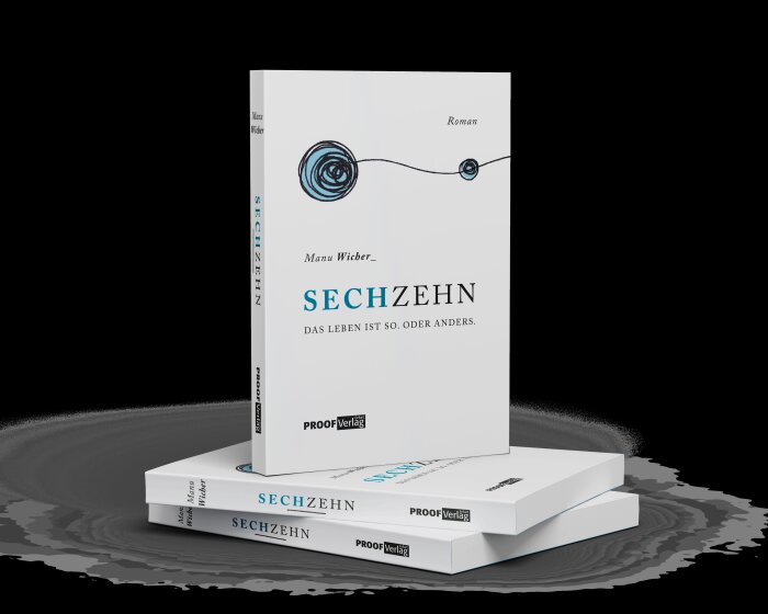 Buch Sechzehn Zwei liegende Bücher auf dem ein Buch steht, mit dem Buchtitel Sechzehn