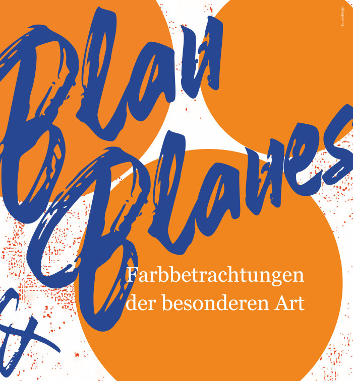 Ein Plakat mit blauer Schrift auf orangem Grund