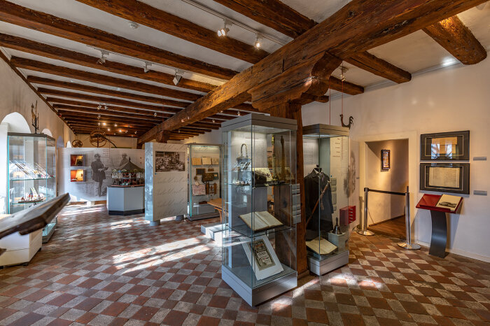 Raumaufnahme zur Dauerausstellung Blick in den Ausstellungsraum zum Dorfleben im 19. Jahrhundert mit zahlreichen Vitrinen und Exponaten