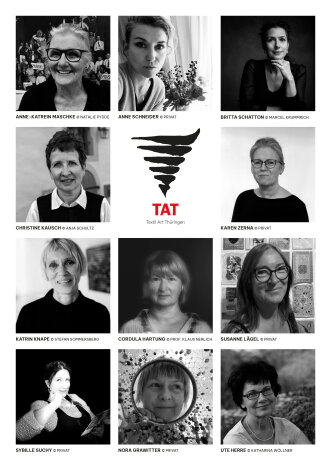 Portraitfotos von elf Künstlerinnen der TAT Textil Art Thüringen arrangiert als Collage